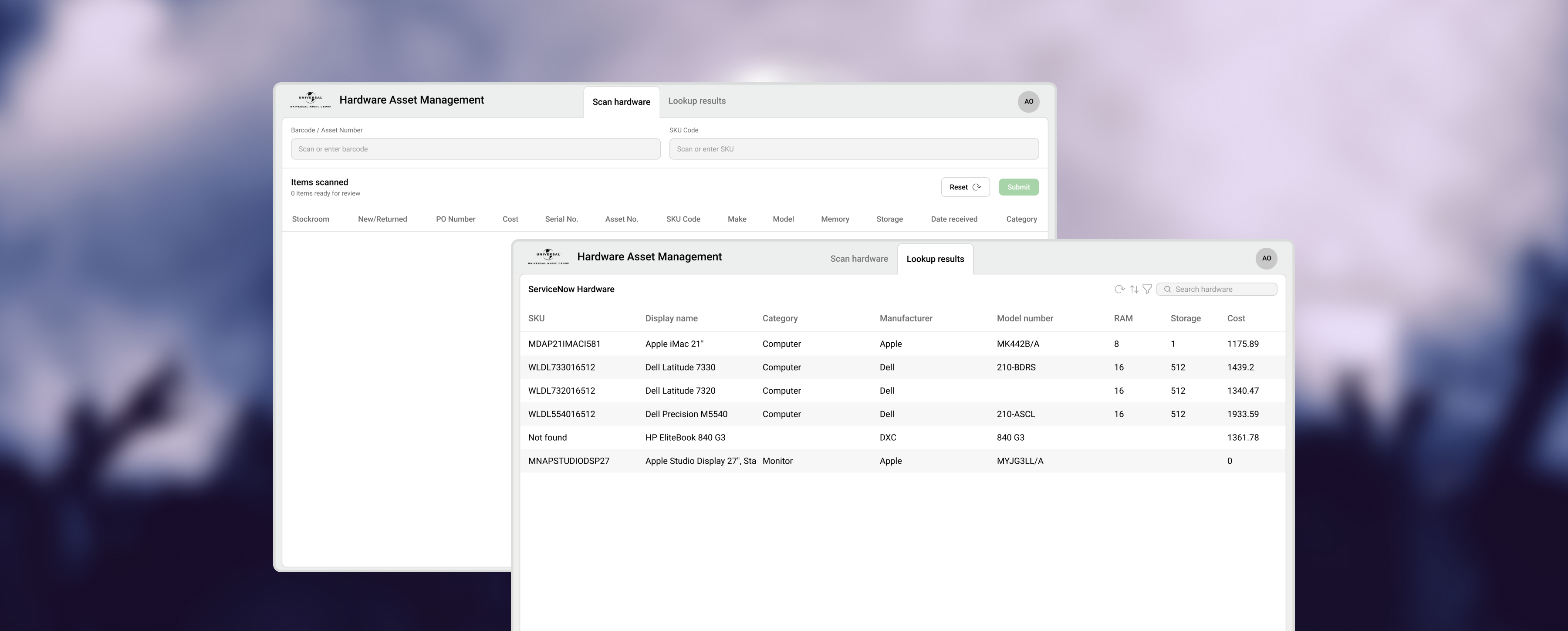 Hardware Asset Management lookup and scan screens