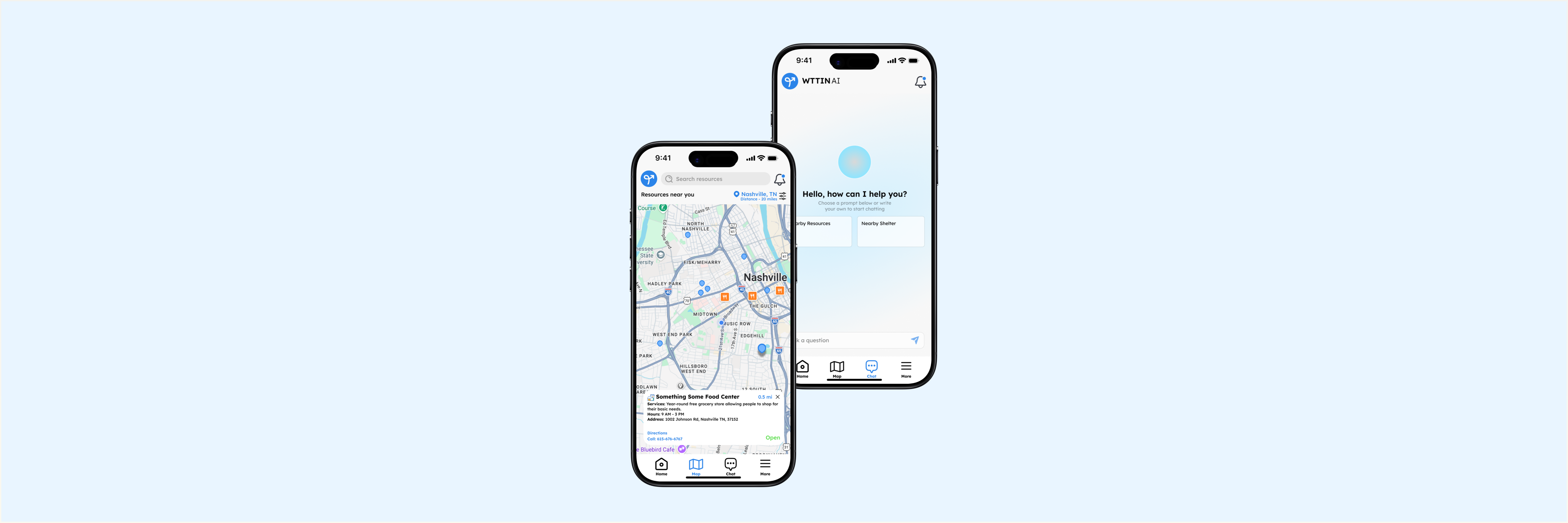 WTTIN AI chat and map of nearby resources on overlapping iPhones