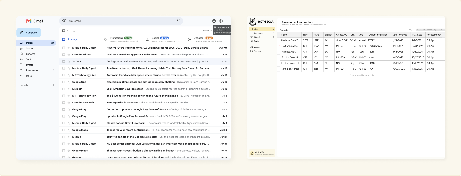 Gmail inbox beside the restructured SOAR assessment packet inbox