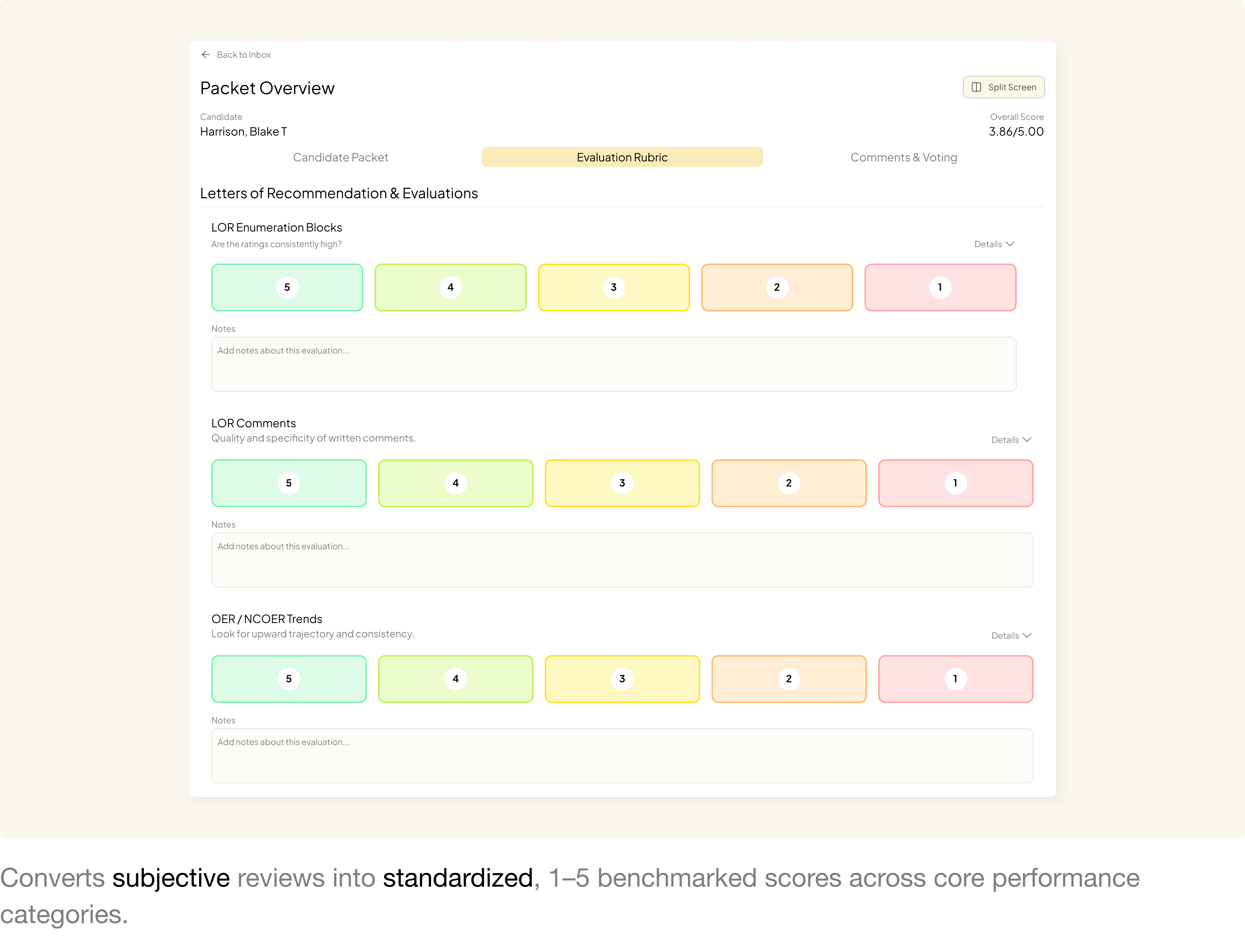 Evaluation rubric with 1–5 benchmarked scores
