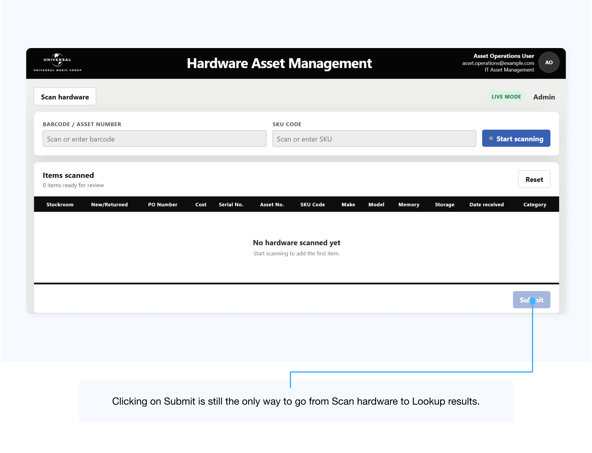 Codex scan screen with a callout that Submit is the only path to Lookup Results
