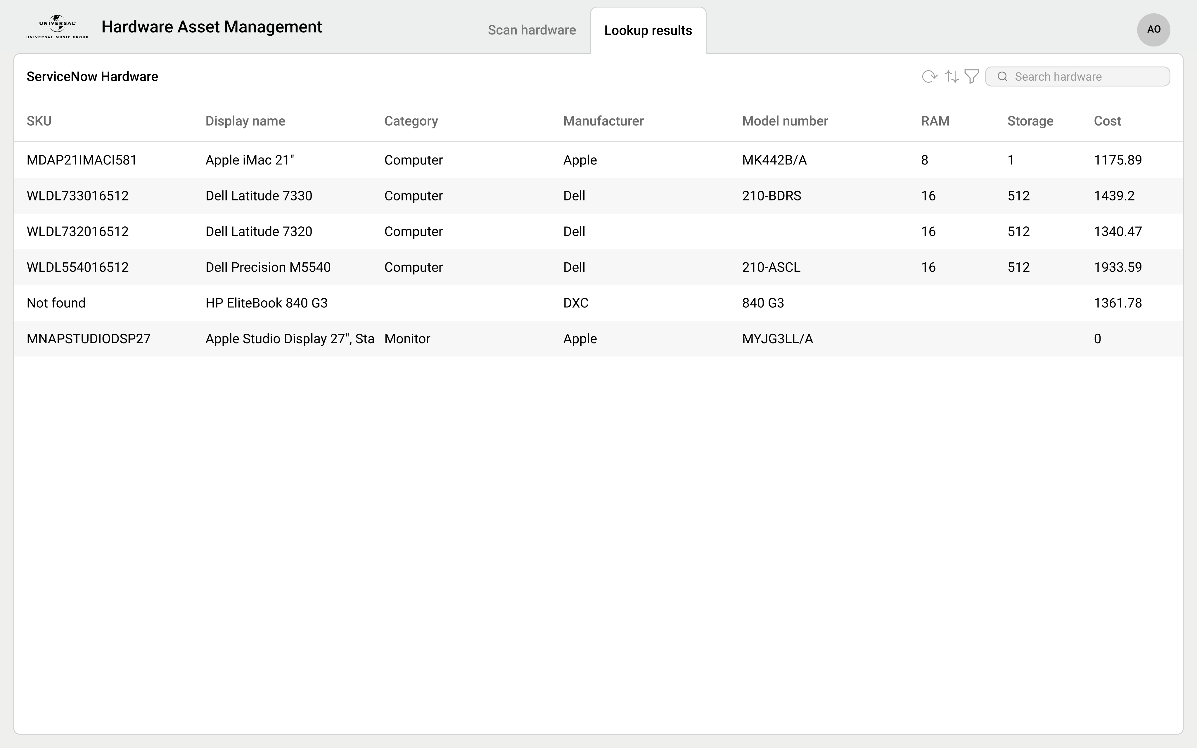Figma redesign of Hardware Asset Management, lookup tab