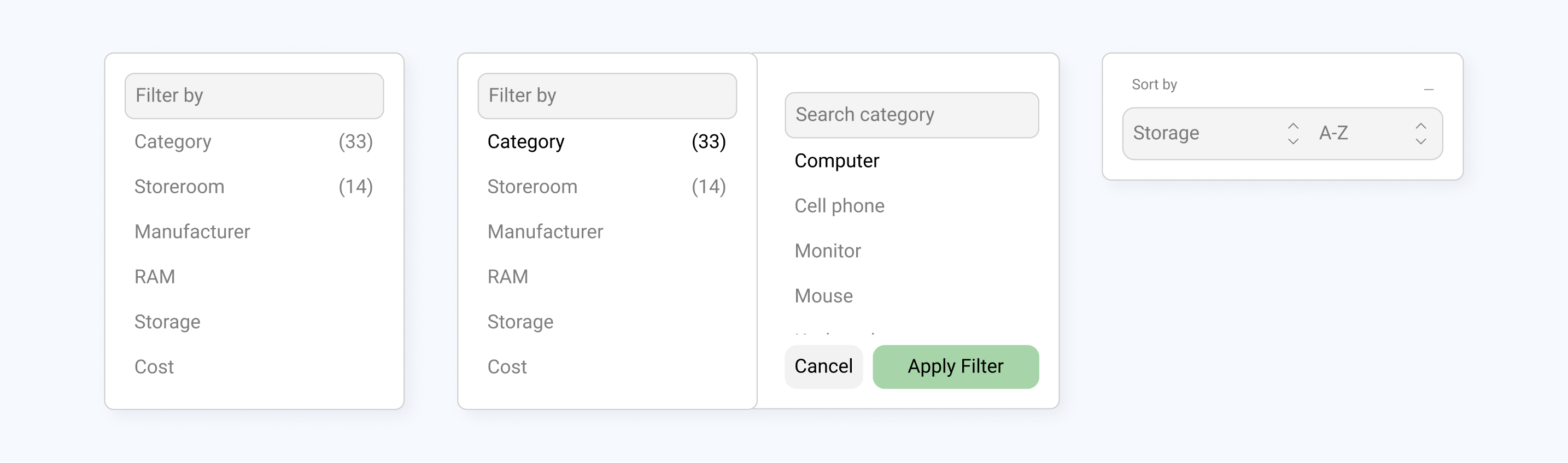 Filter and sort facets for hardware asset search
