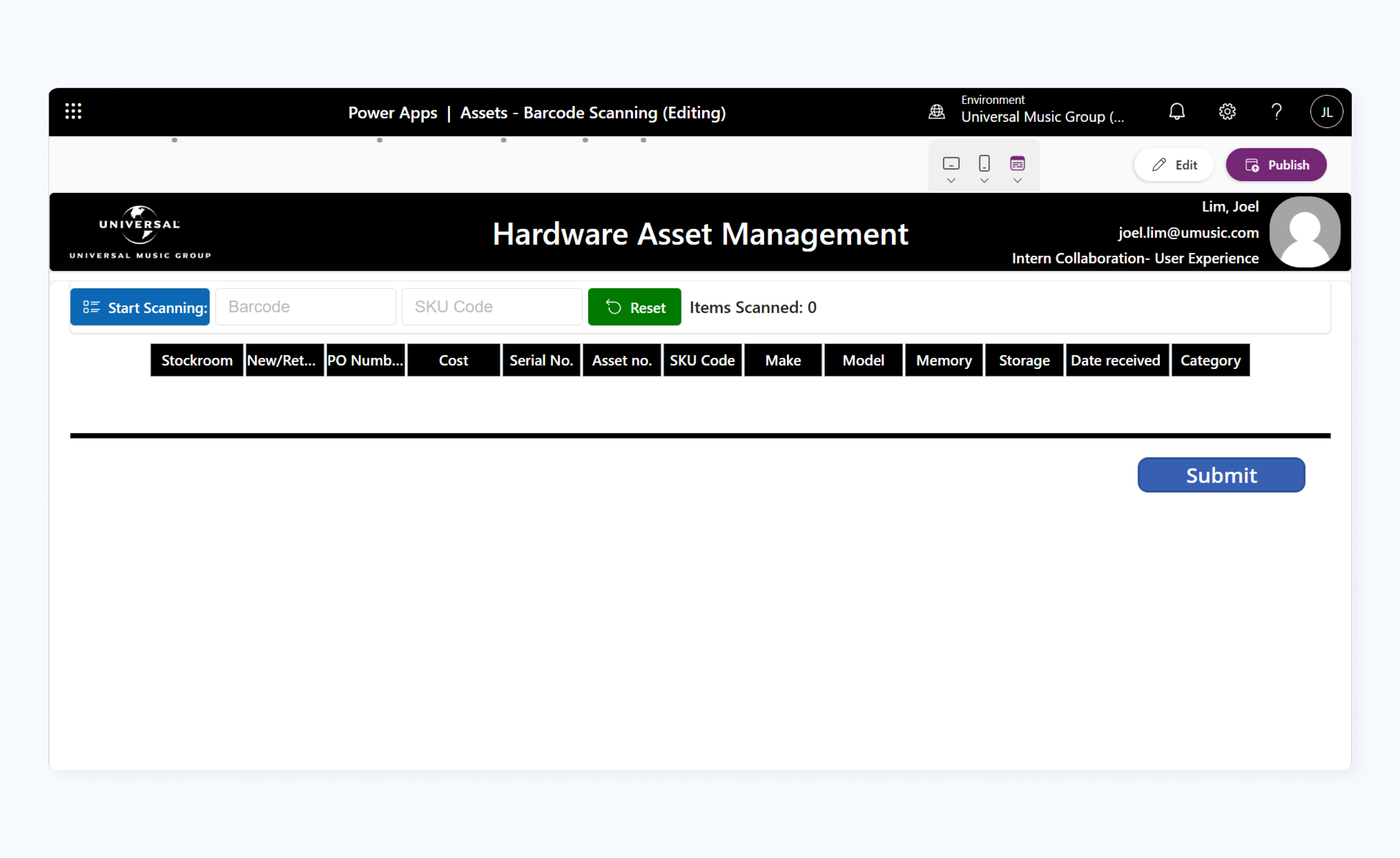 Original Microsoft Power Apps Hardware Asset Management screen