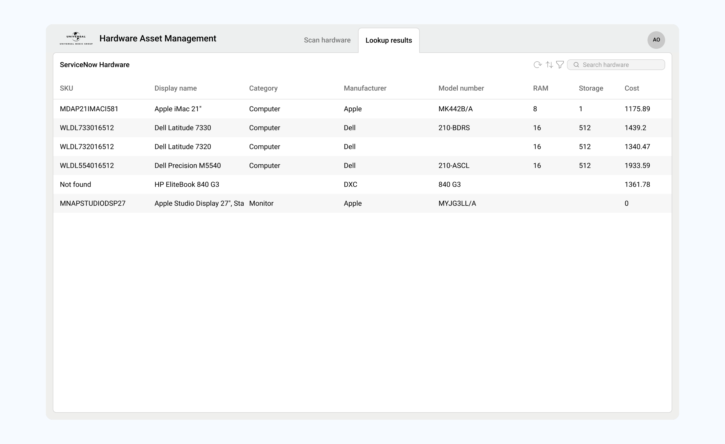 Figma redesign of Hardware Asset Management lookup results