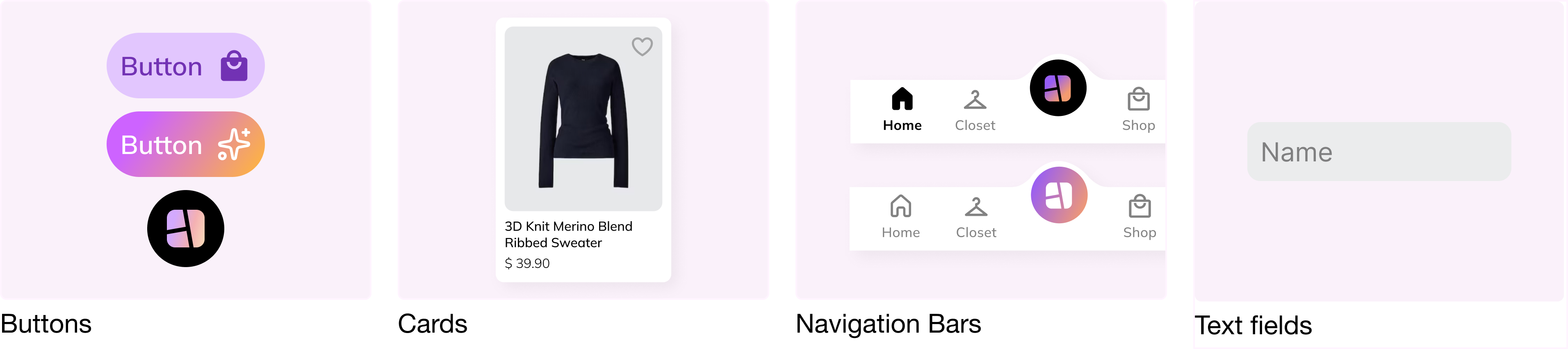 Buttons, cards, navigation bars, and text fields