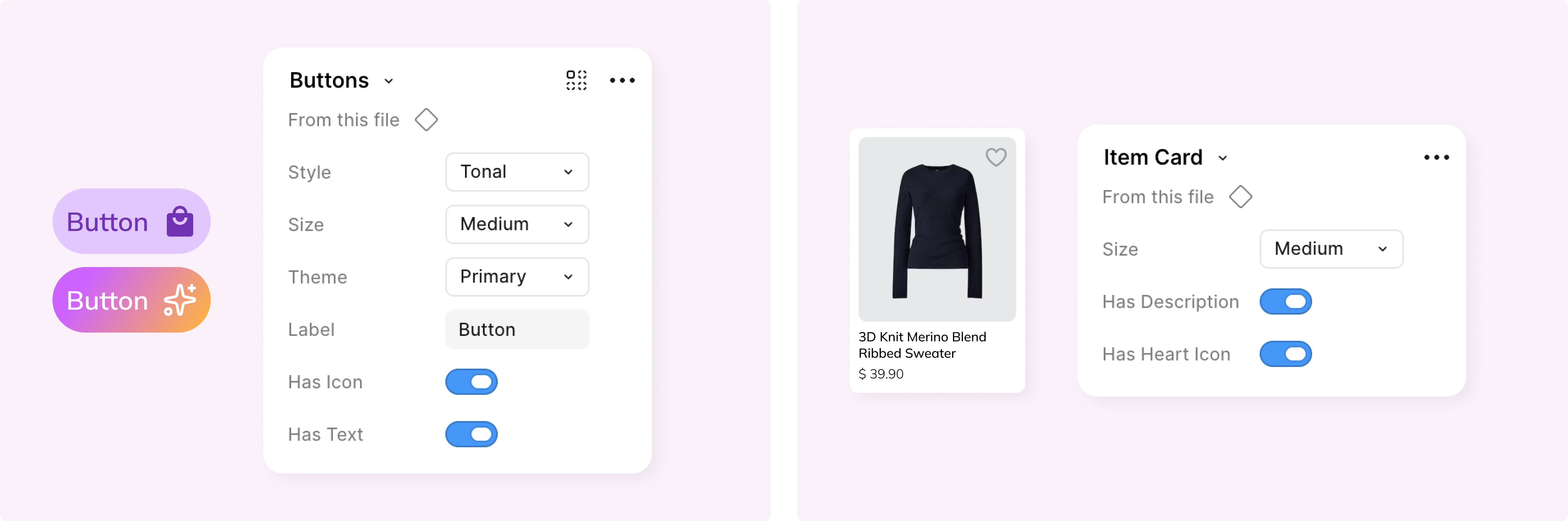 Button and item-card component properties
